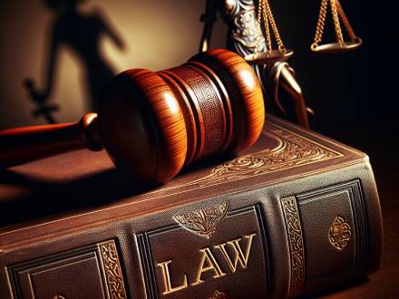 A gavel resting on a large book titled "LAW"