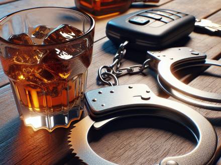 A glass of whiskey with ice, alongside a set of handcuffs and a car key fob on a wooden surface.