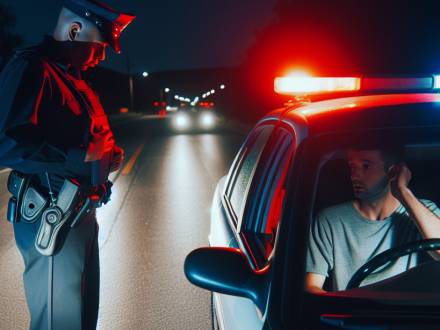 A police officer converses with a man seated in his car during a traffic stop.